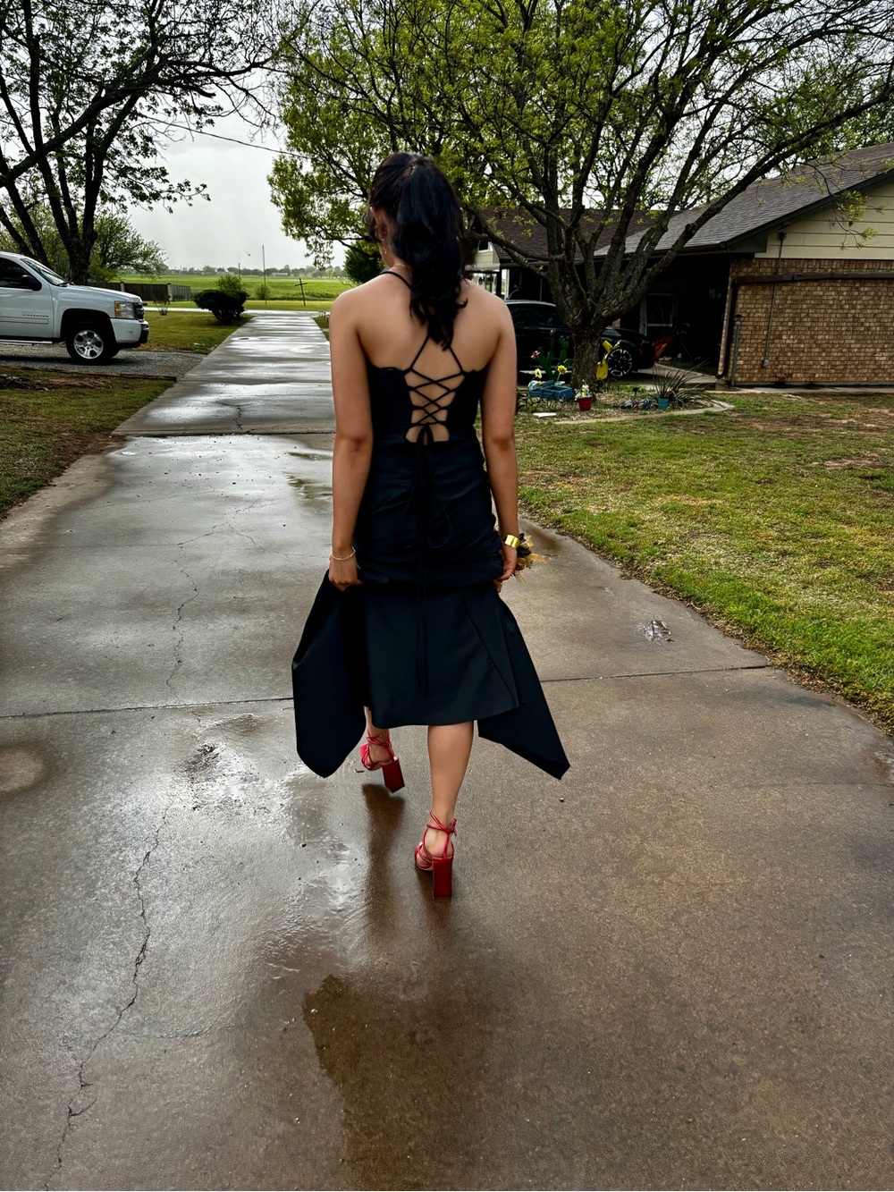Black Lace-Up Back Evening Dress